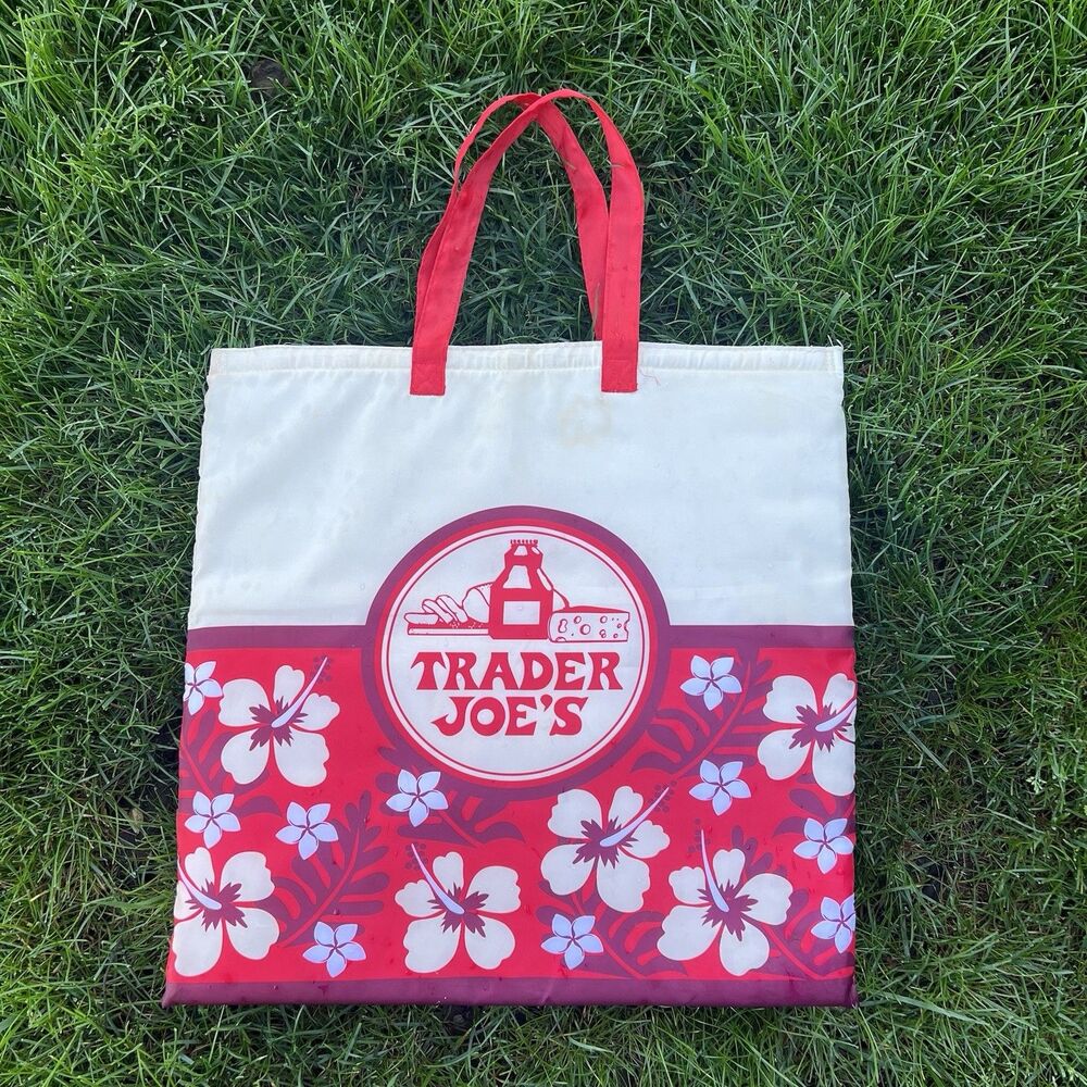 Trader Joe's 18" Insulated Bag Red Hawaiian Hibiscus Flower Reusable Tote VTG